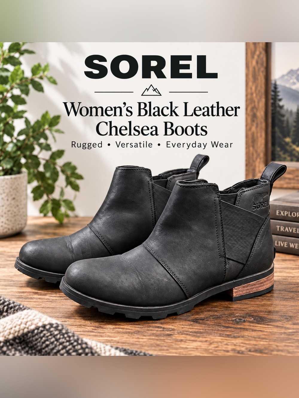 Sorel Black Chelsea Boots with Brown Heel Detail Size 8
